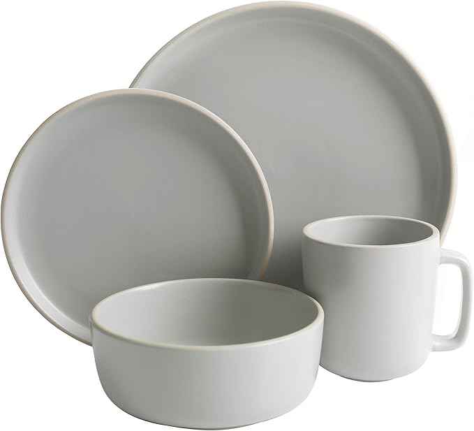 Gibson Home Zuma 16 Piece Round Kitchen Dinnerware Set, Dishes, Plates, Bowls, Mugs, Service for 4, Matte Stoneware, Light Grey