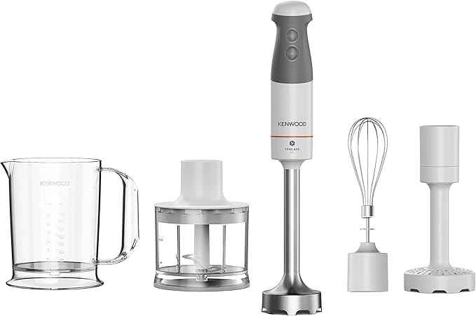 Kenwood TriBlade XL HBM40.306WH, Hand Blender with Removable Stainless Steel Handle, 3 Blades for Faster Mixing, Beater, Shredder, Mashed Potatoes, Blender Cup, 850 W, White/Grey