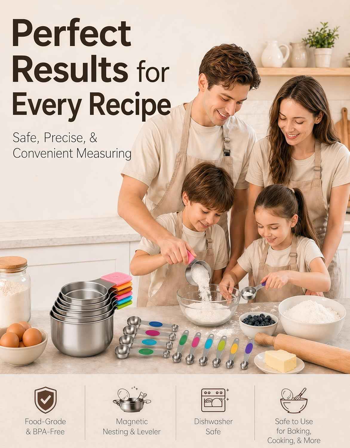 Magnetic Measuring Cups and Spoons Set304 Stainless Steel Dual Scale Set of 15, Strong N52 Magnetic Nesting Design with Leveler, for Dry&Liquid Ingredients, Dishwasher Safe(Colorful)