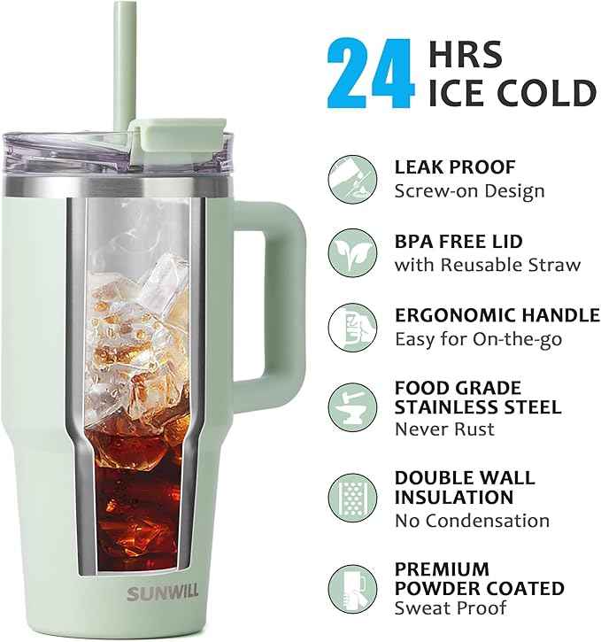 SUNWILL Travel Coffee Mug with Lid, 20 oz Tumbler with Handle and Straw Leak Proof, Stainless Steel Cup Insulated for Office & Gym, Cupholder Friendly, Powder Coated Matcha Cream