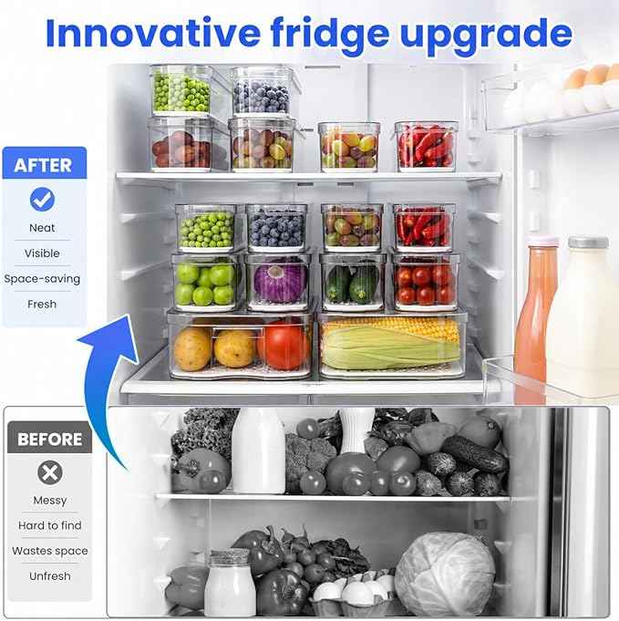 SMRCAD 10 Pack Refrigerator Organizers, Clear Container and Organizer Bins with Lids, Stackable Storage Containers for Fruits, Vegetable (Set of 10)