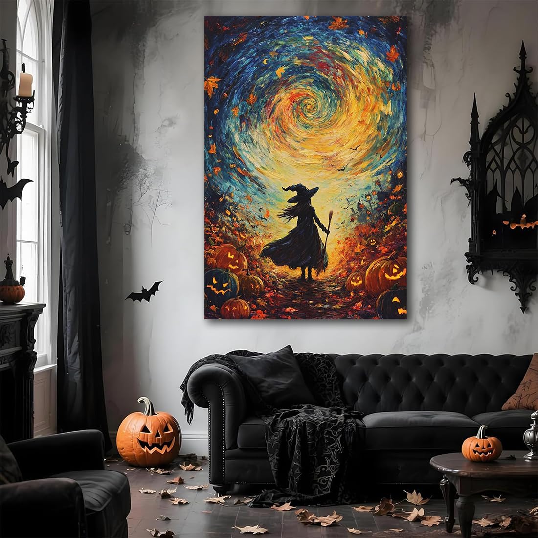 Halloween Autumn Witchy Decor Wall Art Prints,Gothic Witch in Whirlwind Autumn with Pumpkins Scene Pictures Poster,Fall Festival Home Decor Painting Canvas Poster for Bedroom Bathroom,20"x30" Framed