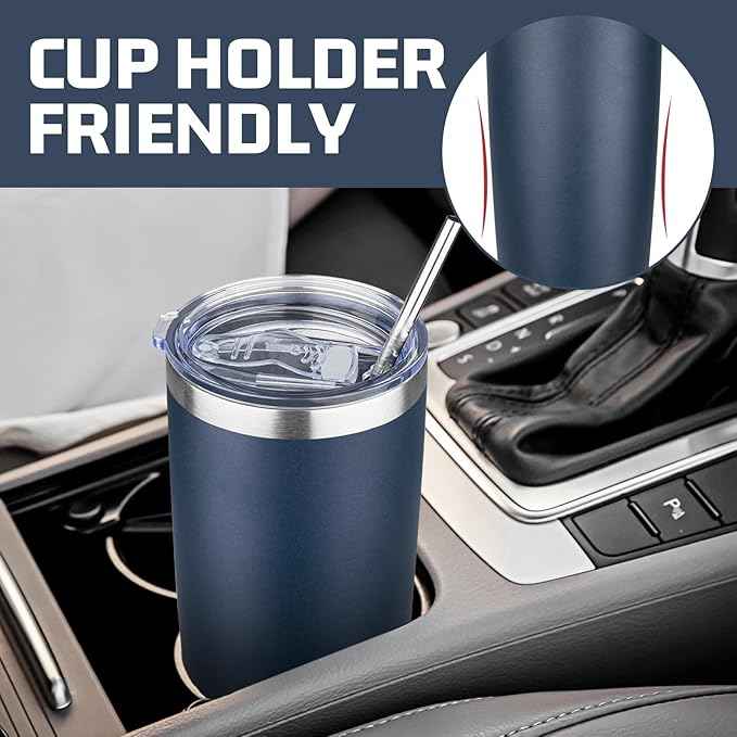 20 oz Tumbler with Lids and Straws, Stainless Steel Insulated Travel Coffee Mug, Double Wall Vacuum Insulated Tumblers, Powder Coated Coffee Tumbler for Cold & Hot Drinks (Navy Blue)