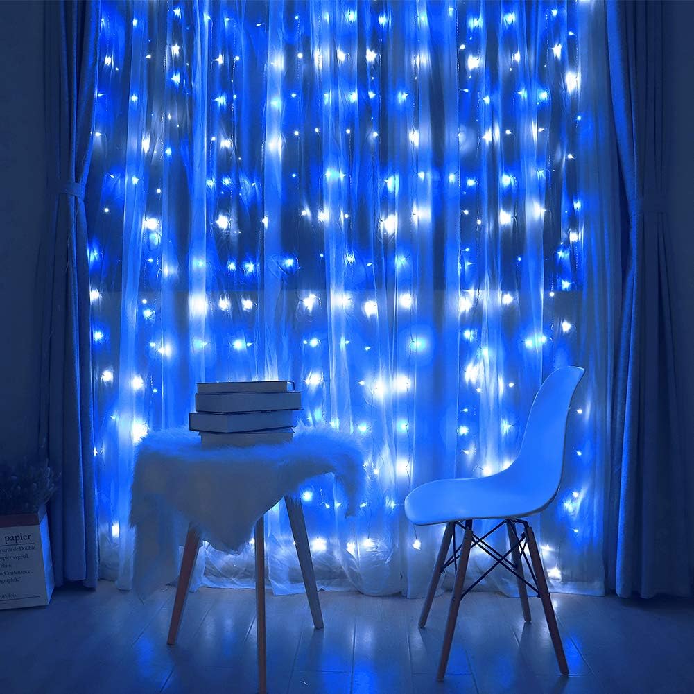 HEYFUNi Fiee Curtain Lights,304L 9.8ftX9.8ft 30V 8Modes Safety Window Lights for Home Wedding Christmas Party Patio Lawn Garden Bedroom Outdoor Indoor Wall Decorations (304LED, Blue+White)