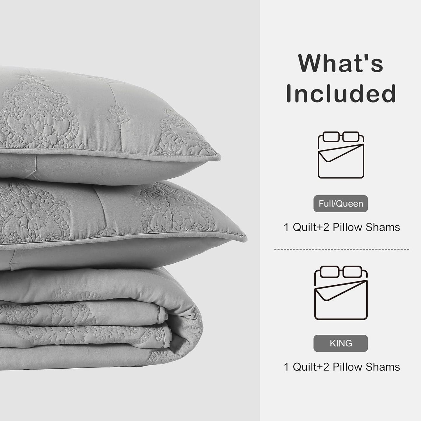 HORIMOTE HOME Grey Quilt King Size Floral Quilt Bedspread Lightweight Soft Pre-Washed Microfiber Bedcover, 3 Pieces Thin Comforter Bed Cover Bedding Set for All Season