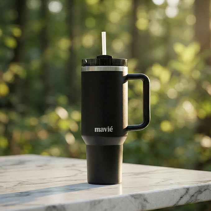 40oz Tumbler With Handle & Straw, Vacuum Insulated Stainless Steel Water Bottle With Leakproof Twist Sip Lid, Rubber Base, Dishwasher Safe, Cup Holder Friendly Travel Coffee Mug (Black)