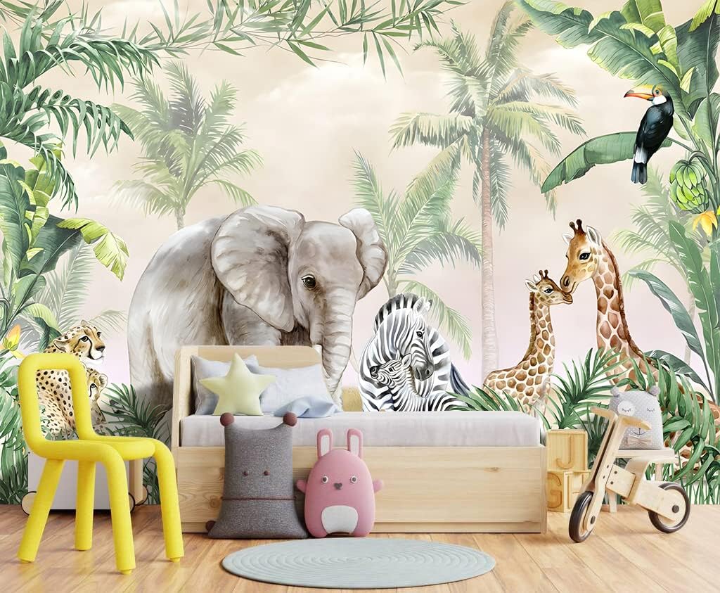 Tropical Animal Plants wallpeper Nursery Kids Bedroom Elephant Wall Mural - 137"x96"（Not Peel and Stick）