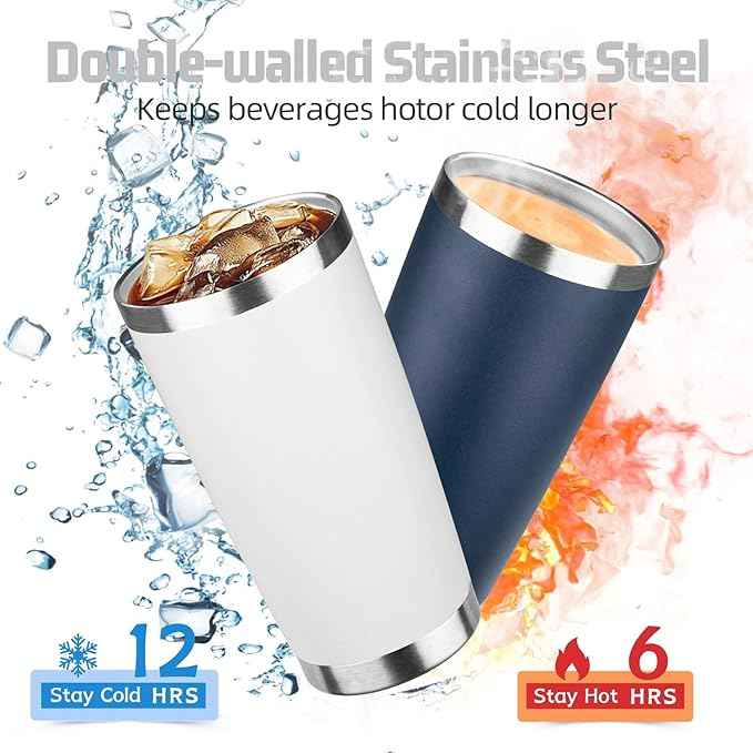 20 oz Tumbler with Lids and Straws, Stainless Steel Insulated Travel Coffee Mug, Double Wall Vacuum Insulated Tumblers, Powder Coated Coffee Tumbler for Cold & Hot Drinks (White, 6 Pack)