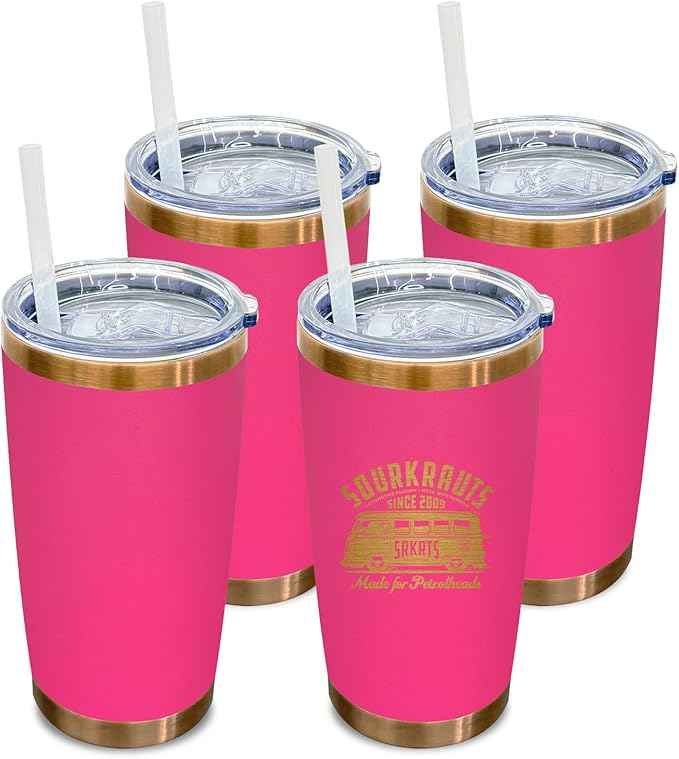 20 oz Tumbler Bulk 4 Pack Stainless Steel Tumblers with Lids and Straws, Double Wall Vacuum Insulated Travel Coffee Mug for Laser Engrave, Powder Coated Cup for Hot and Cold Drinks (Rosy,4 pack)
