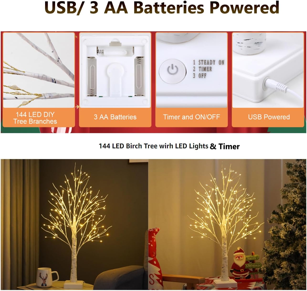 2FT Fairy Birch Tree with 144 LED Lights Artificial Tree Lamp with Timer for Easter Christmas Decoration Light Spirit Tree USB/Battery Powered Branch Trees for Party Wedding Home (144 LED Light)