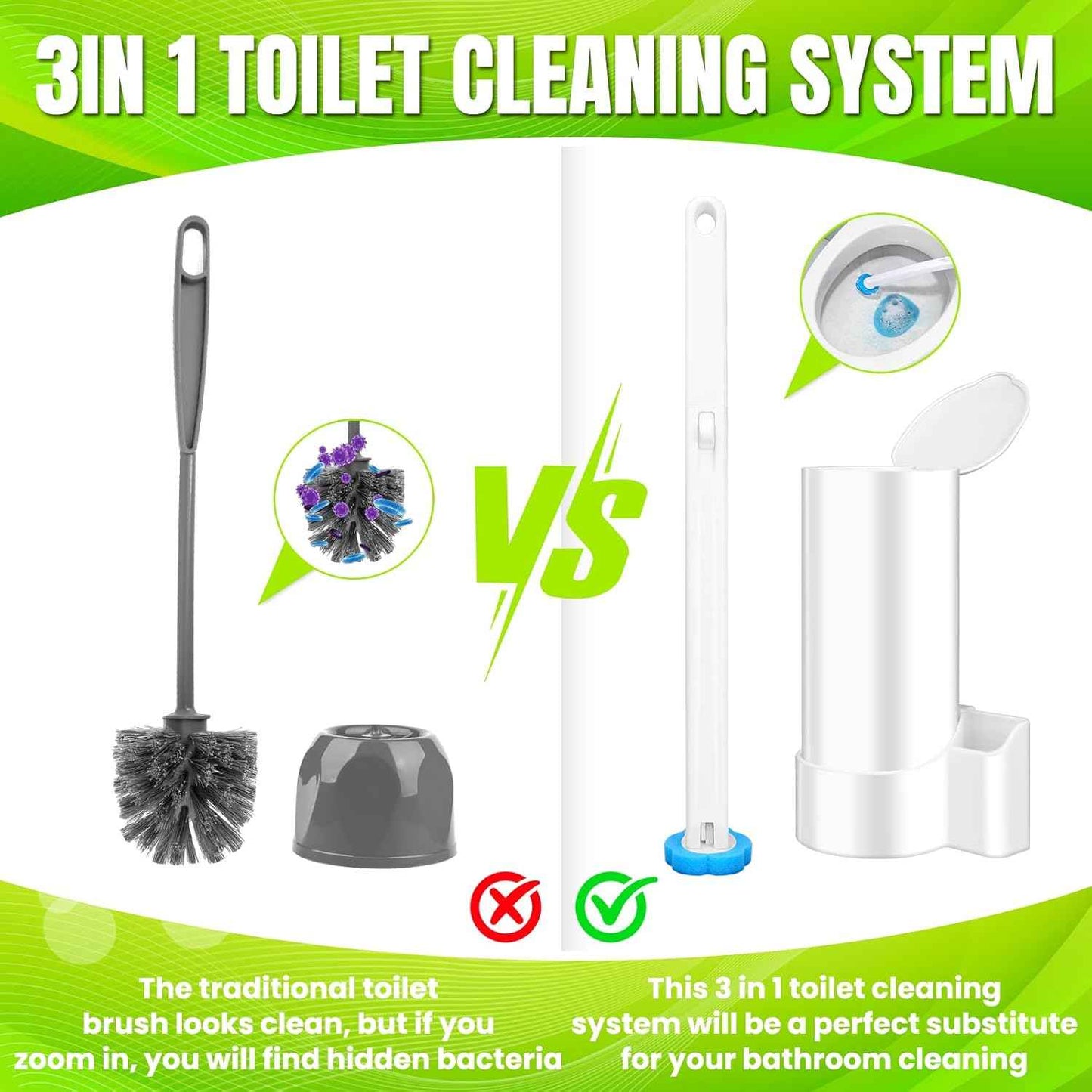 Disposable Toilet Brush and Holder Set, Toilet Wand Refills, Extended Handle with 48 Cleaner Refills, Toilet Brush for Toilet Bowl Cleaners, Bathroom Cleaning(2-Set)