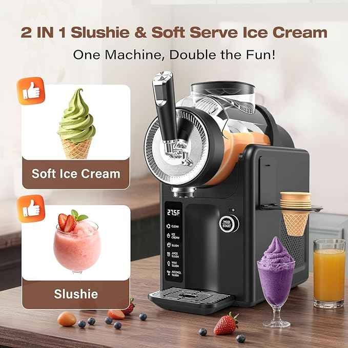 SYINTAO Slushie Machine No Ice Needed, 2-in-1 Frozen Drink & Soft Serve Ice Cream Maker, 75oz Self-Chilling Slushy Maker with 5 Presets, LED Display & Auto Clean for Home & Party (Black)