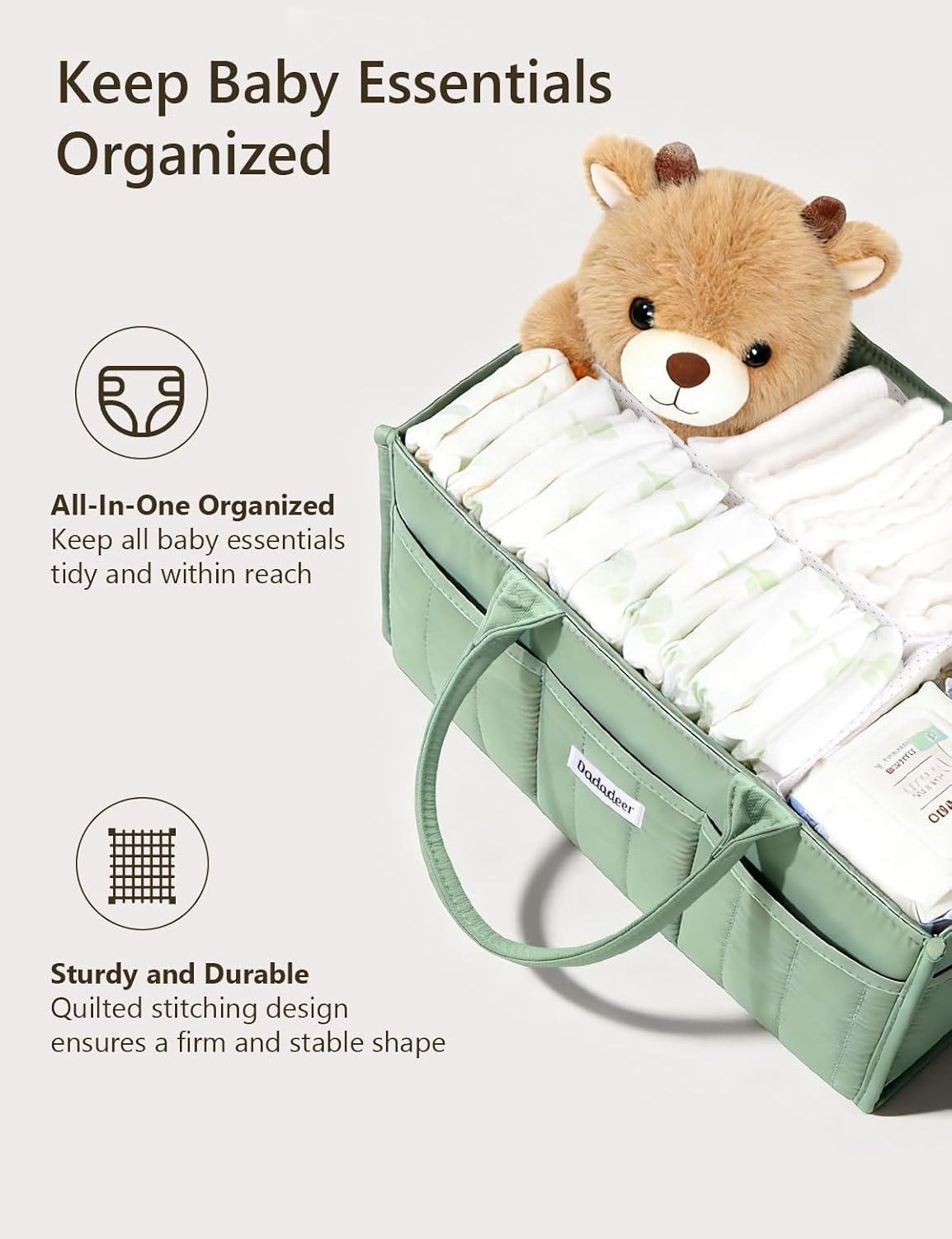 Baby Diaper Caddy Organizer, Portable Nursery Storage Basket for Newborn Essentials, Changing Table & Car Caddy Organizer, Gift for Baby Shower, Registry Must-Have for Boy Girl, Green