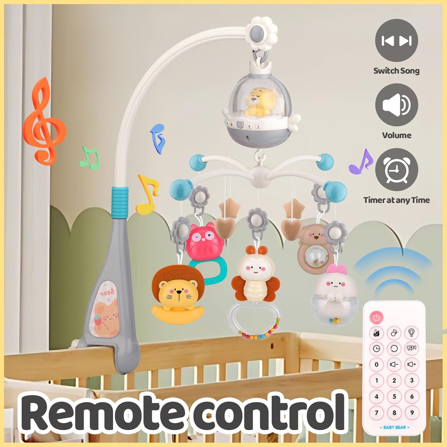 nicknack Baby Crib Mobile with Music and Light, Musical Nursery Mobile for Infants Newborn Gift 0-12 Months, Babies Bassinet Mobile with Remote Control