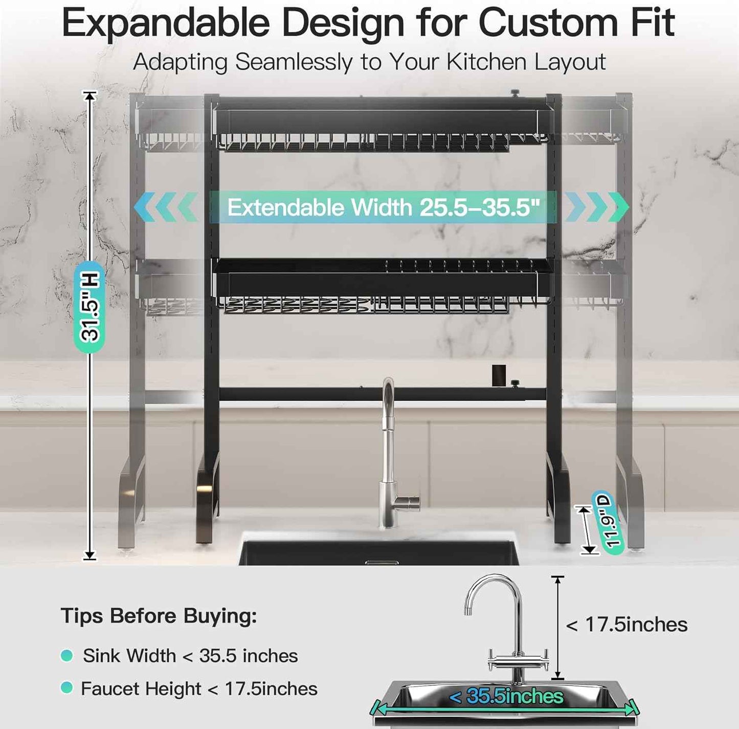 3 Tier Extra Large Stainless Steel Expandable Over The Sink Dish Drainer Drying Rack, Rust Proof Metal, Space Saving, Modern Black Big Capacity Extendable Plate Strainers Above Kitchen Counter