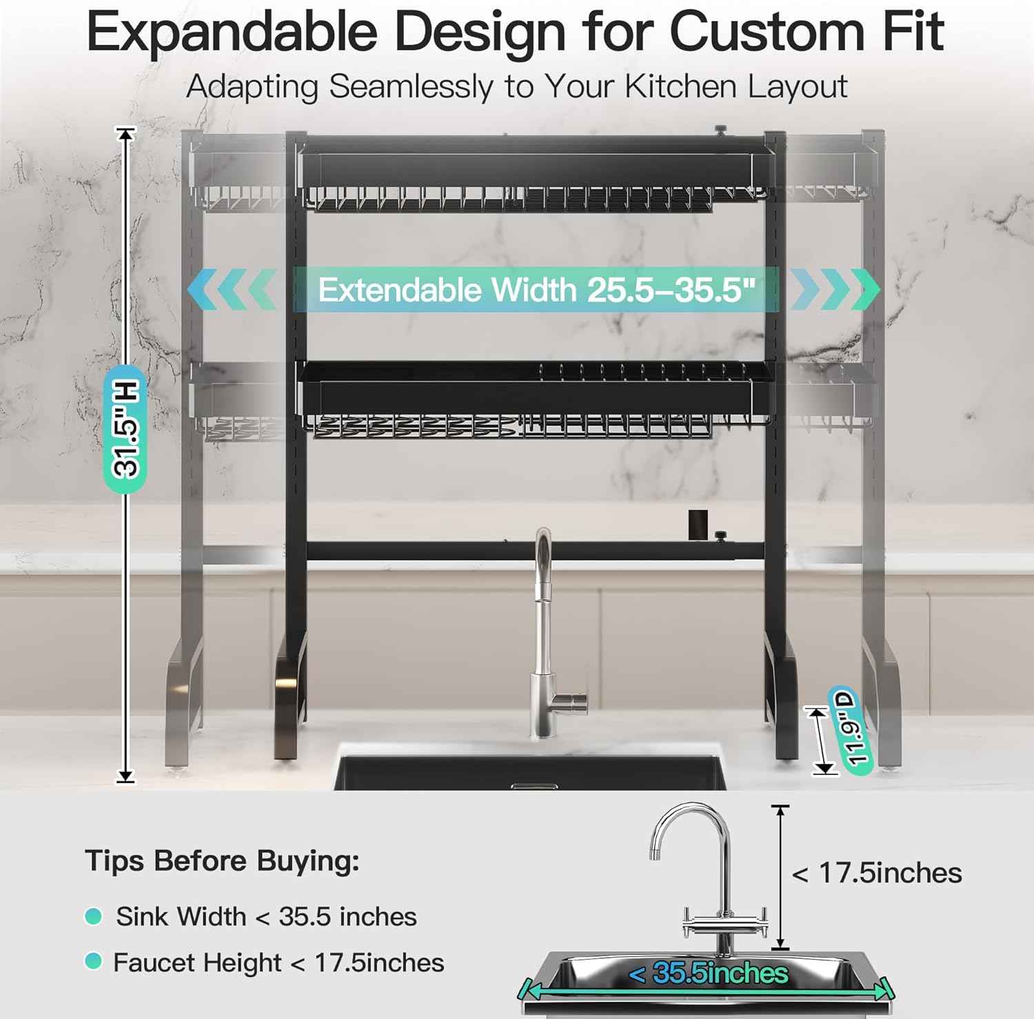 3 Tier Extra Large Stainless Steel Expandable Over The Sink Dish Drainer Drying Rack, Rust Proof Metal, Space Saving, Modern Black Big Capacity Extendable Plate Strainers Above Kitchen Counter