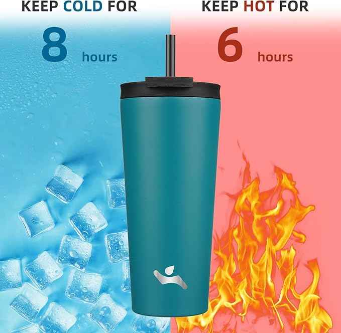 Konokyo 22 OZ Insulated Tumbler with Lid and 2 Straws Stainless Steel Water Bottle Vacuum Travel Mug Coffee Cup,Blue