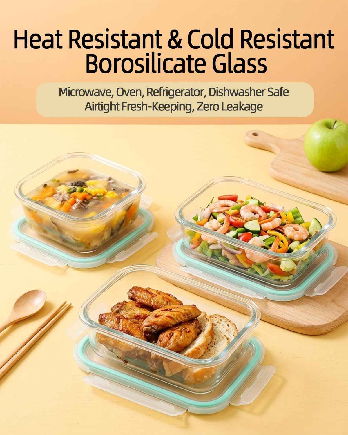 8 Pack Glass Meal Prep Containers with Lids, Glass Food Storage Containers with Airtight Vent Hole Lids, Lunch Containers Sets with lids Glass, Microwave Oven Freezer Dishwasher Safe