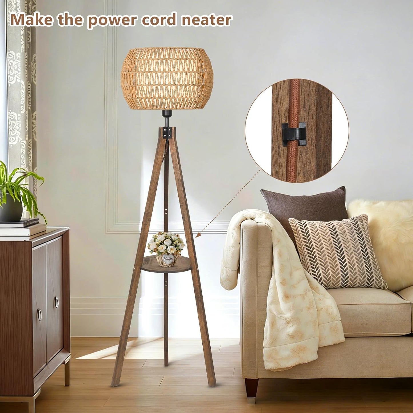 LAMSU Boho Tripod Floor Lamps for Living Room, Wood Floor Lamp with Shelf, Mid Century Modern Standing Lamp with Rattan Shades, Foot Switch, Rustic Farmhouse Tall Lamps for Bedroom Office, Brown