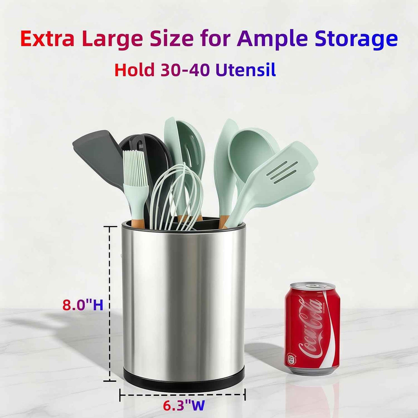 LIBODOUR Kitchen Utensil Holder Extra Large 360°Rotating For Counter Organizer Stainless Steel Storage Cooking Silverware Caddy 3 Compartment Flatware Spoon Spatula Tool Cutlery Container（Silvery）