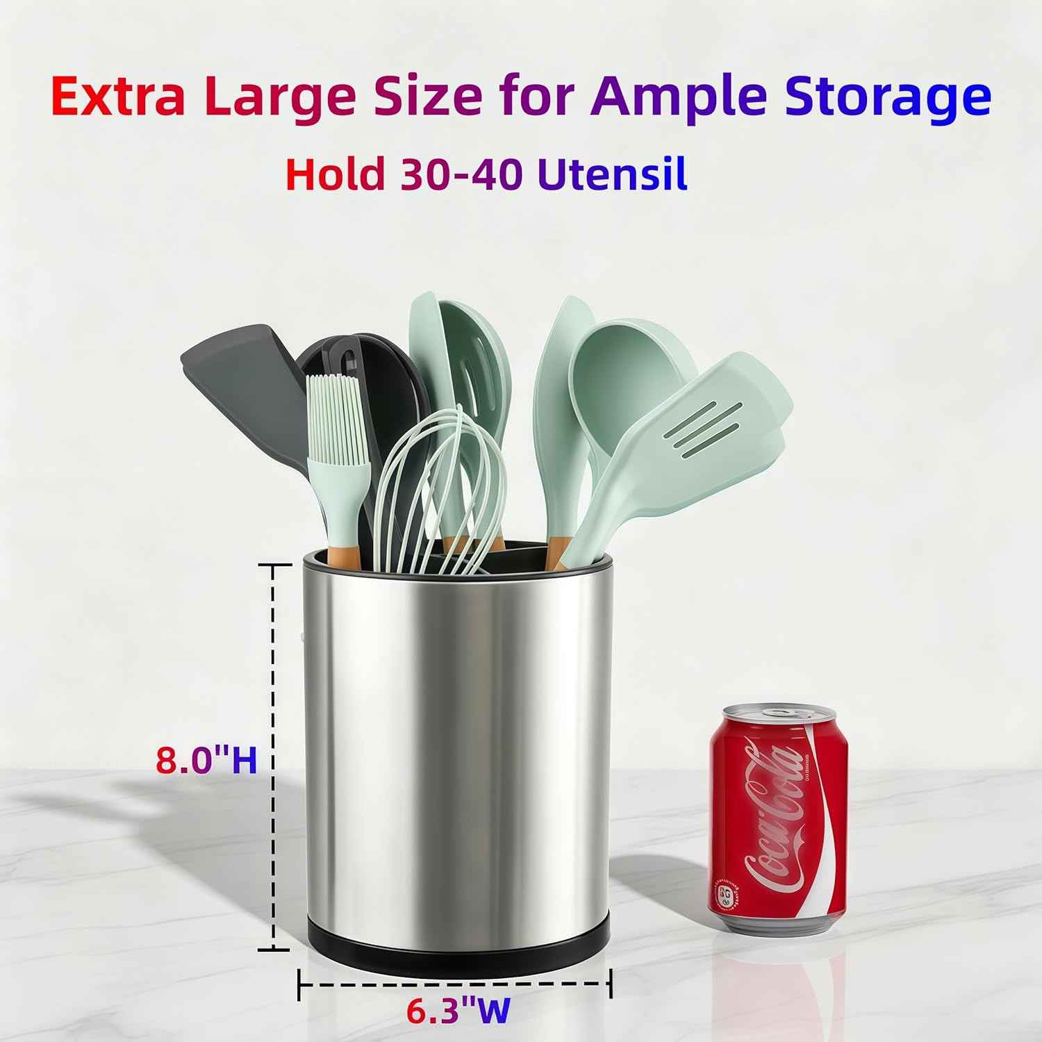 LIBODOUR Kitchen Utensil Holder Extra Large 360°Rotating For Counter Organizer Stainless Steel Storage Cooking Silverware Caddy 3 Compartment Flatware Spoon Spatula Tool Cutlery Container（Silvery）