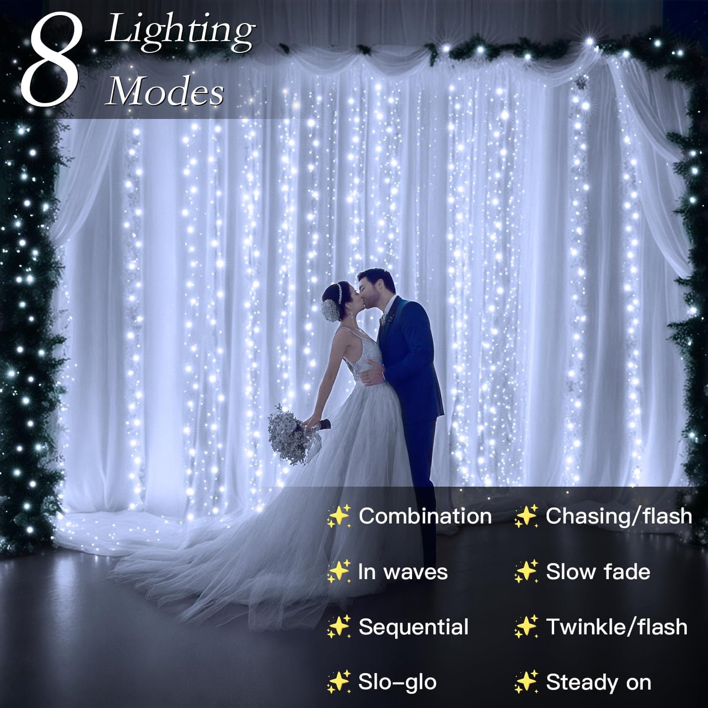 200 LED Curtain String Lights 9.8 * 6.6FT Plug in Fairy with Timer and 8 Modes, Waterproof Window Wall Lights for Bedroom Wedding Party Indoor Outdoor Christmas Decor