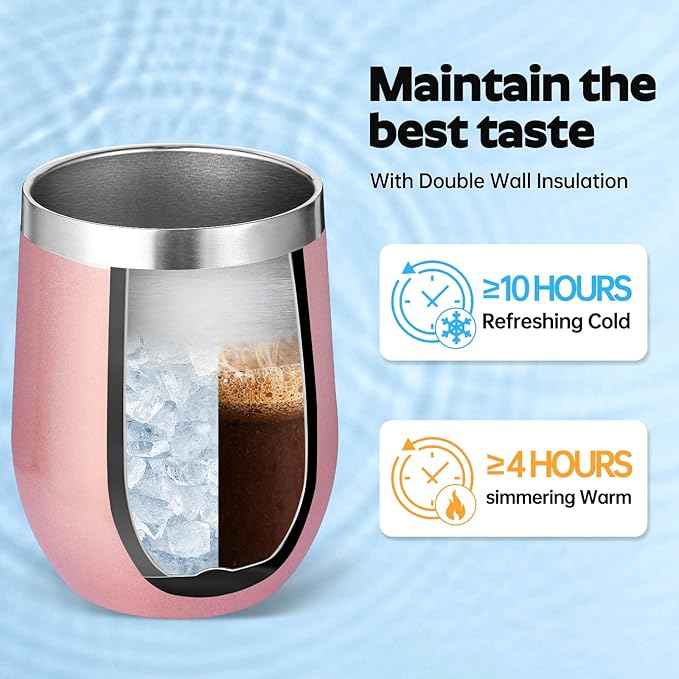 Volhoply 12oz Stainless Steel Wine Tumbler with Lid Bulk 24 Pack,Double Wall Vacuum Stemless Wine Glasses,Reusable Metal Travel Coffee Mug with Straw,Insulated Cup Gift for Christmas（Rose Gold,24 Set）