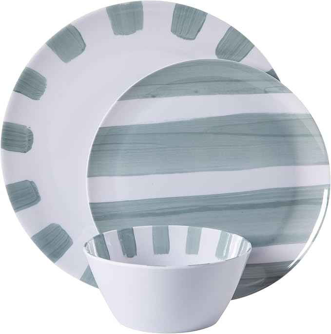 Gibson Home Cottage Stripes 12-Piece Melamine Plates and Bowls Dinnerware Set - Outdoor, Camping, & Everyday Use - Assorted Colors