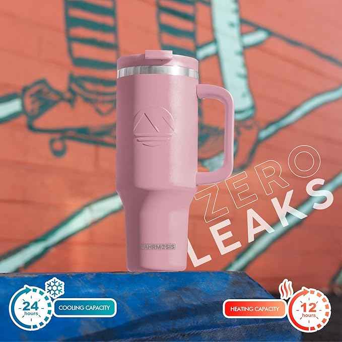 FAHRMOSIS 40 Oz Tumbler with Handle and Straw Insulated Cup that Fits in Cup Holder for Hot & Cold Drinks Leak Proof Tumbler with Straw Stainless Steel Travel Mug for Men & Women - Pink