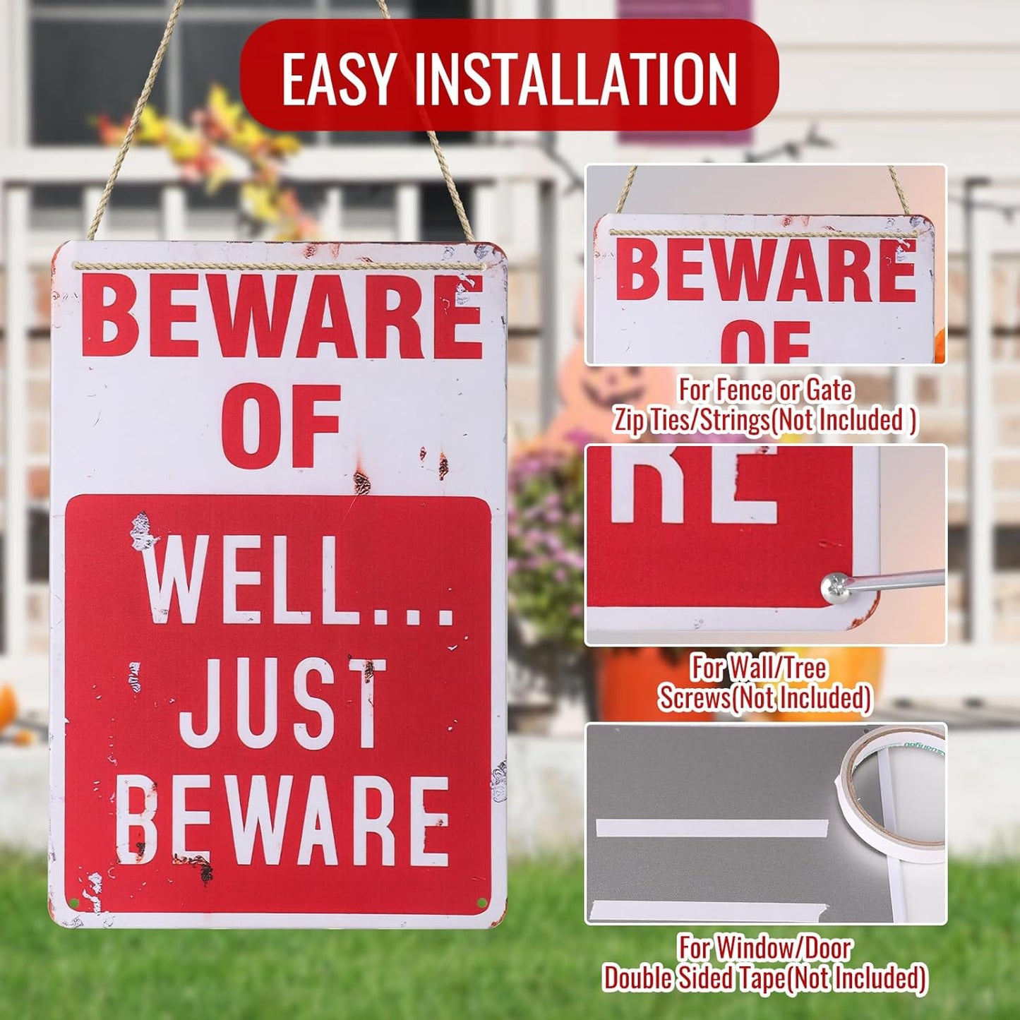 Alotpower Halloween Decorations Metal Tin Sign for Outdoor Yard, Garage Wall, Rustic Vintage Beware of Well Just Beware, 7.8x11.8in