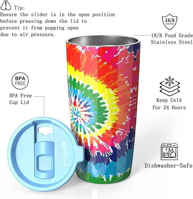 TILUCK 20 oz Insulated Tumbler with BPA-Free Lid, Stainless Steel Vacuum Travel Coffee Mug, Double Wall Coffee Tumbler（20oz，RotatingRainbow）