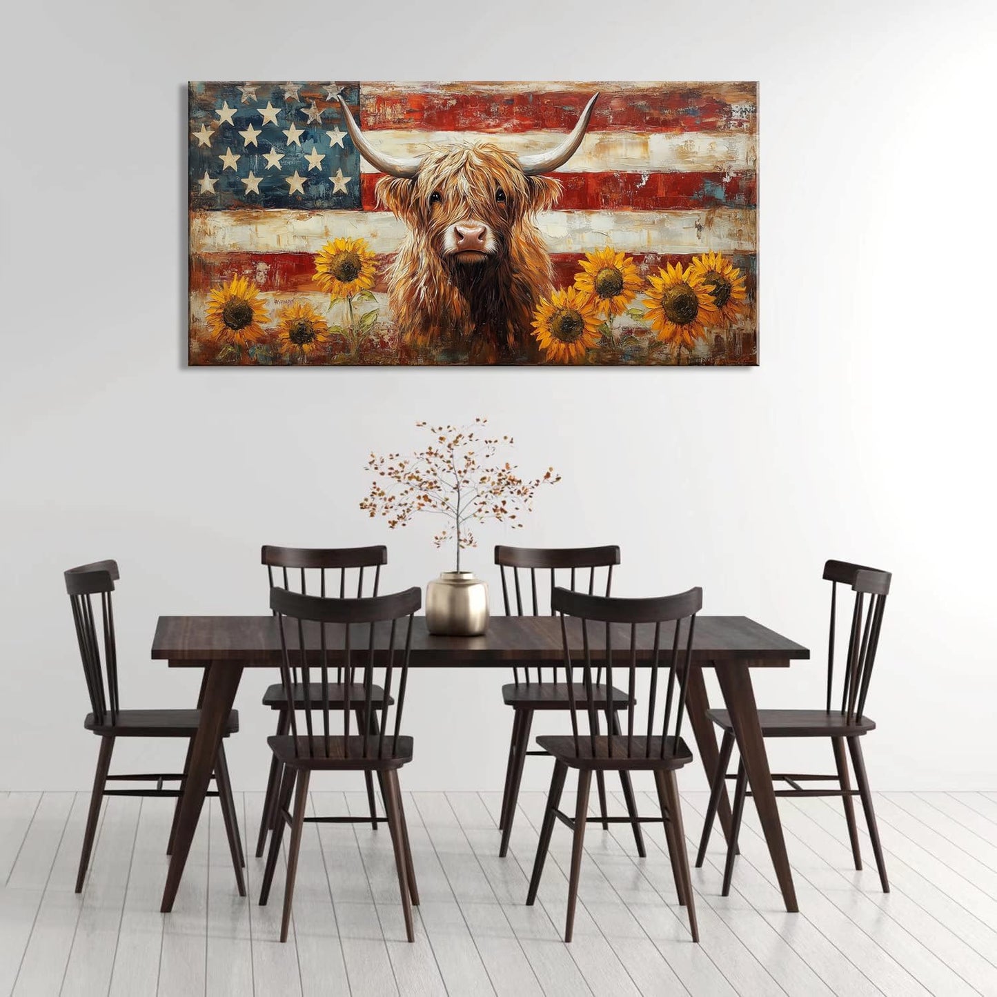 LASMOND Country Highland Cow Wall Art for Living Room Rustic Retro Vintage American Flag Sunflower Canvas Painting Prints Highland Cattle Artwork Farmhouse Bedroom Office Decor (30x16 Inches)