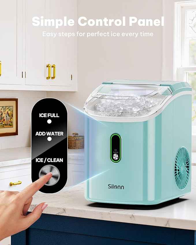 Silonn Nugget Ice Maker Countertop, Pellet Ice Machine with Self-Cleaning Function, Sonic Ice Maker Produces 33lbs of Chewable Ice in 24 Hours, Ideal for Home Kitchen and Office (Green)