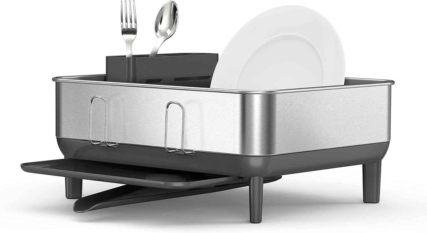 simplehuman Steel Frame Dishrack, Compact Dish Drying Rack for Small Kitchens, 360º Easy Drain Swivel Spout, Anti-Residue Coating, Moisture Control Surface, Brushed Stainless Steel