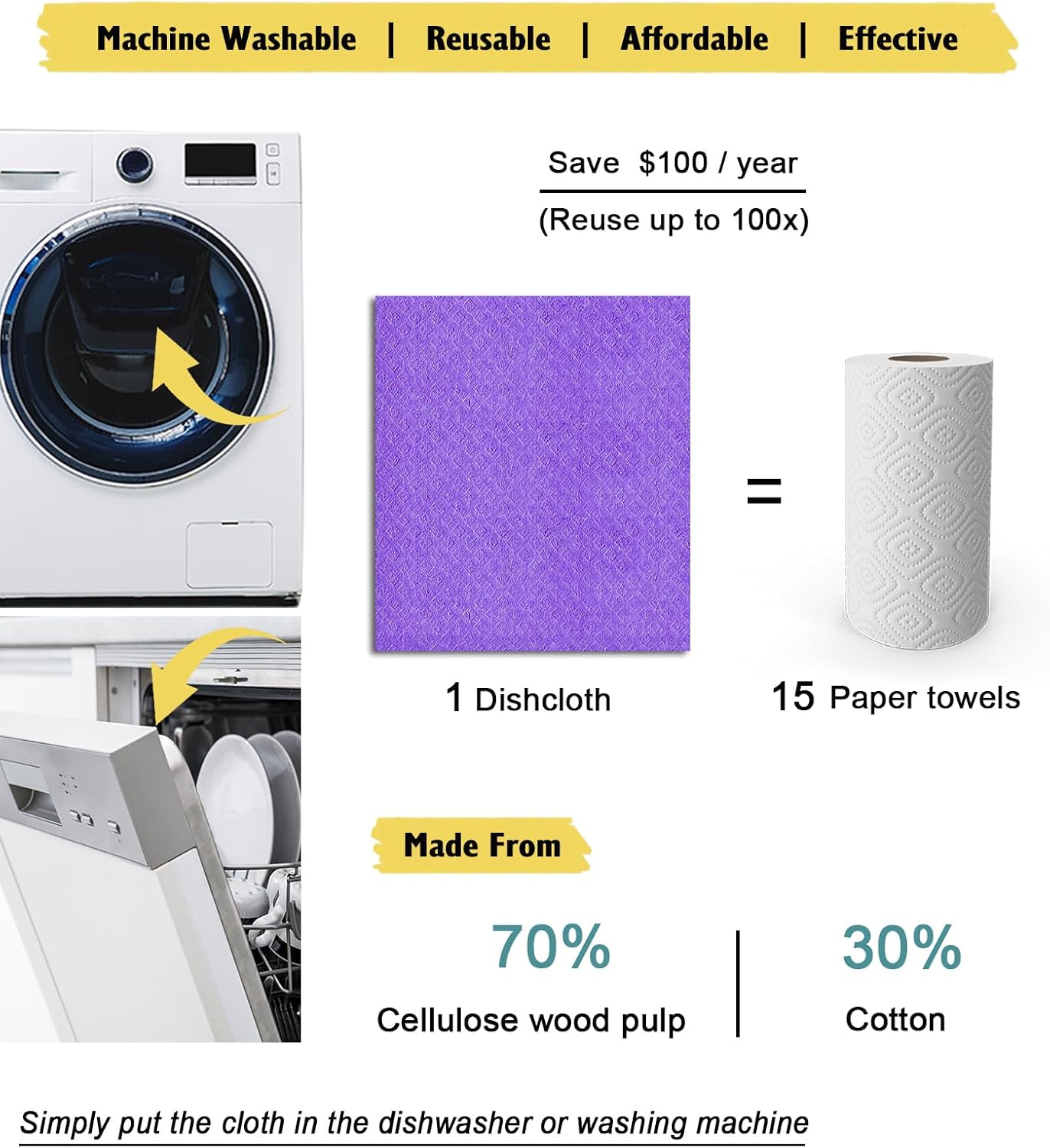 Swedish Dishcloths - 10 Pack Reusable Kitchen Dishcloths - Ultra Absorbent Dish Towels for Washing Dishes - Cellulose Sponge Cloth Cleaning Cloths - Purple