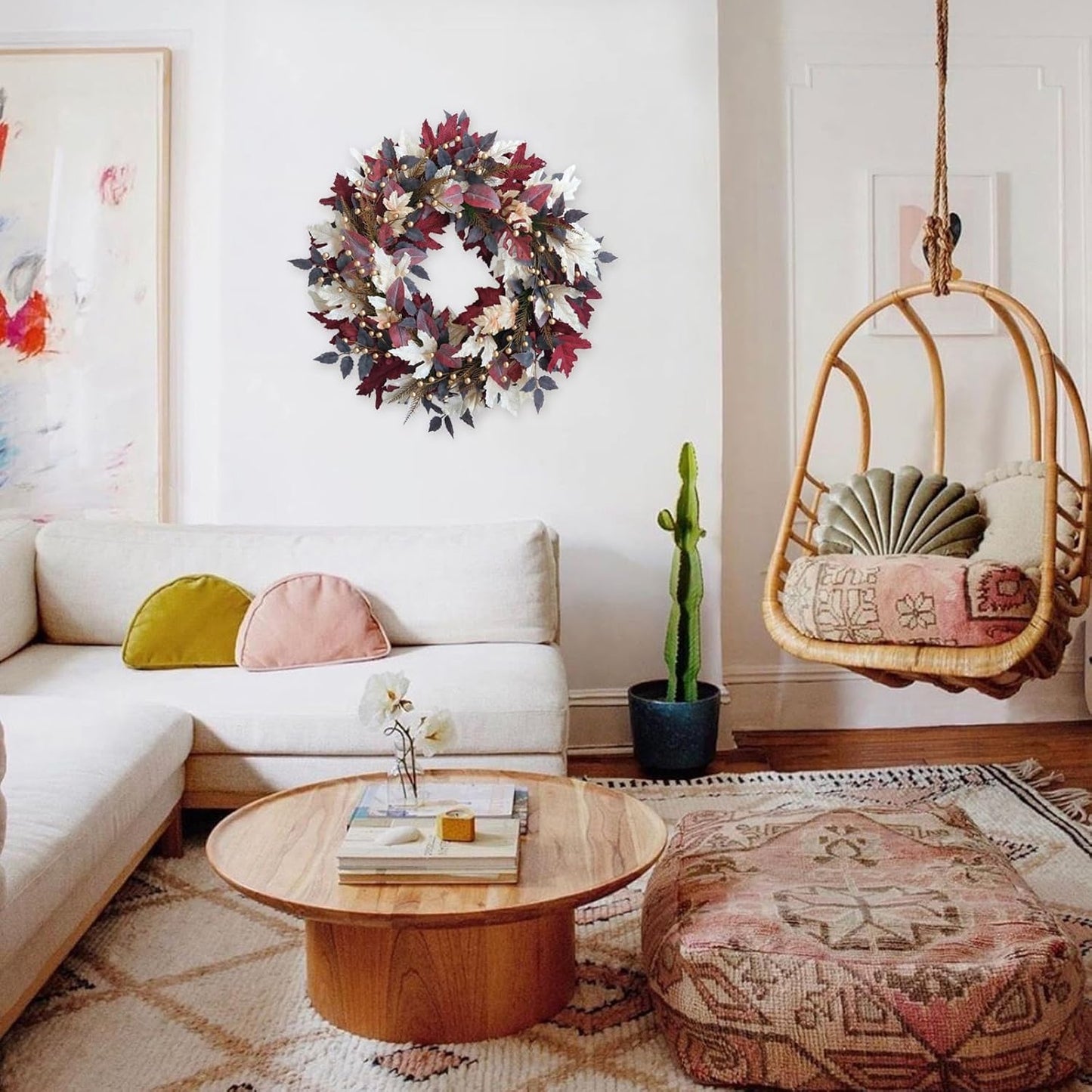 Maple Leaves Pearl Fall Wreaths- 22 Inch Autumn Wreath with Gold Pearl Accents & Grapevine Base, Farmhouse Style for Front Door Wreaths for Thanksgiving Harvest Indoors/Outdoors