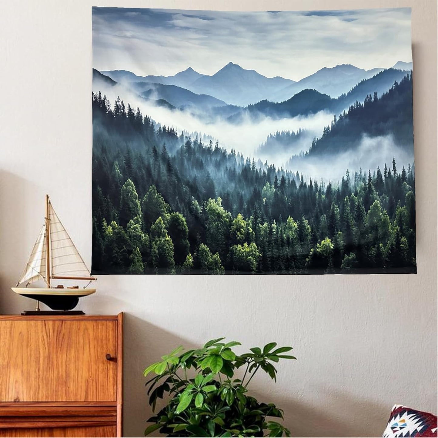 TUGCAY Misty Mountain Forest Tapestry Foggy Tree Tapestry Nature Scenery Landscape Wall Tapestries Aesthetic for Bedroom Living Room Dorm Office Decor 80 x 60 Inches