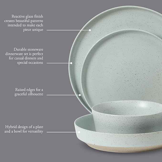 Gibson Elite Overbrook 16-Piece Pottery Clay Stoneware Dinnerware Set – Light Blue Reactive Glaze, Stackable Plates and Bowls w/Pasta Bowl, Service for 4 – Microwave & Dishwasher Safe