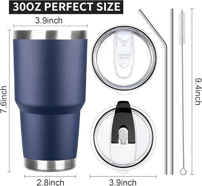 30 oz Tumbler with Lids and Straws Double Wall Vacuum Insulated Tumbler Cup,Stainless Steel Leak-proof Thermal Tumbler Powder Coated Travel Coffee Mug for Cold and Hot Drinks,Navy Blue