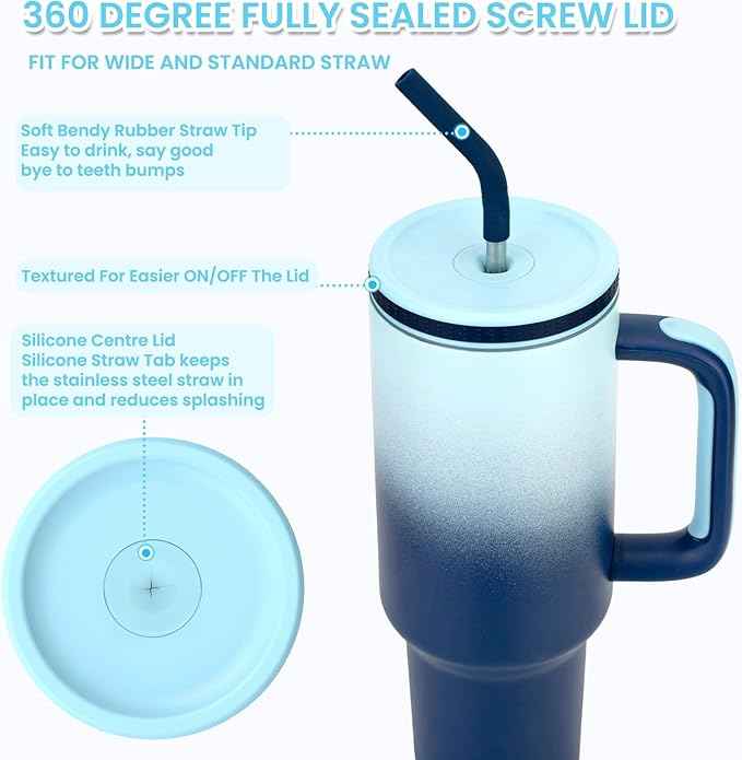 Zukro 40 oz Tumbler with Handle and Straw, Screw on Lid with Wide Straw Hole, Insulated Stainless Steel Cup Fits in Cupholder for Travel - No Sweat & Keep Drinks Cold - Dishwasher Safe & BPA Free