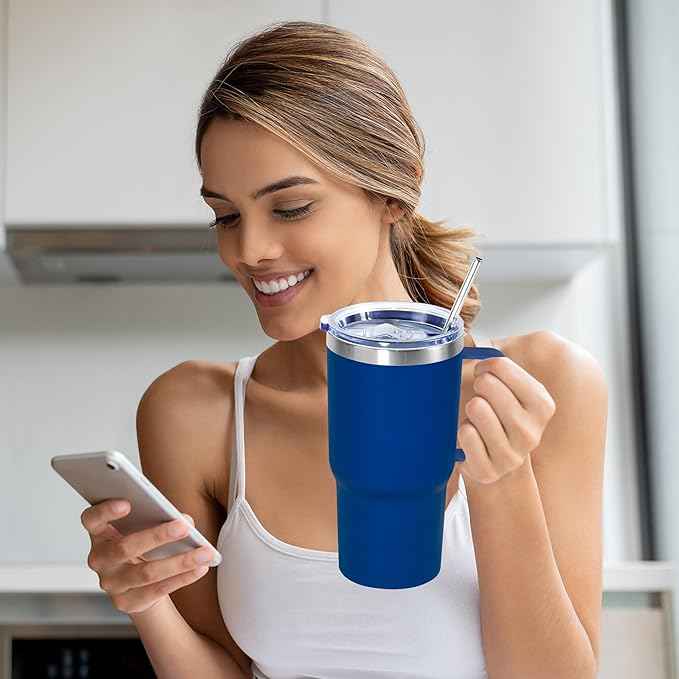20 oz Tumbler with Handle, insulated cup coffee mug with lid, straw and handle, Double Wall Stainless Steel Vacuum Coffee Tumbler travel mug spill proof, 1pcs Blue