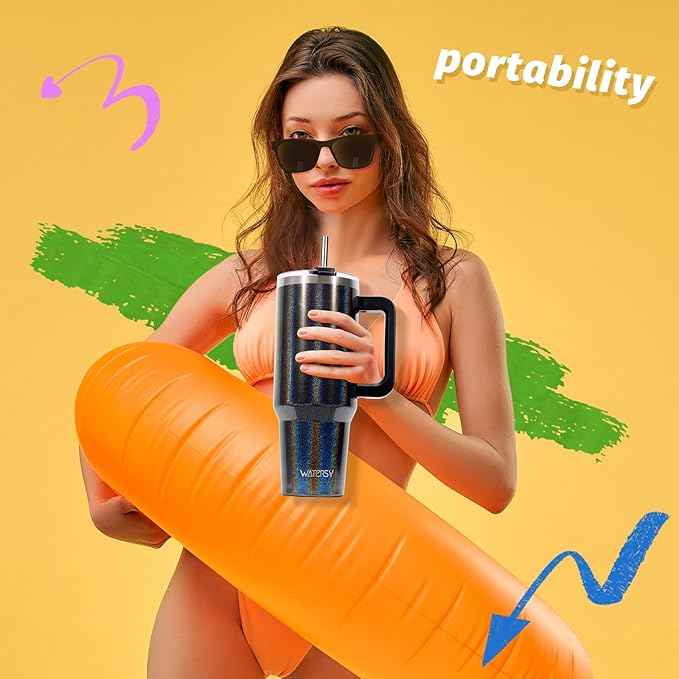 40 oz Shiny Tumbler with Handle and Straw,Stainless Steel Tumbler with Lid and Straw,Insulated Travel Mug(Cold for 34 Hours),Water Bottle for Iced Tea,Coffee (Black)