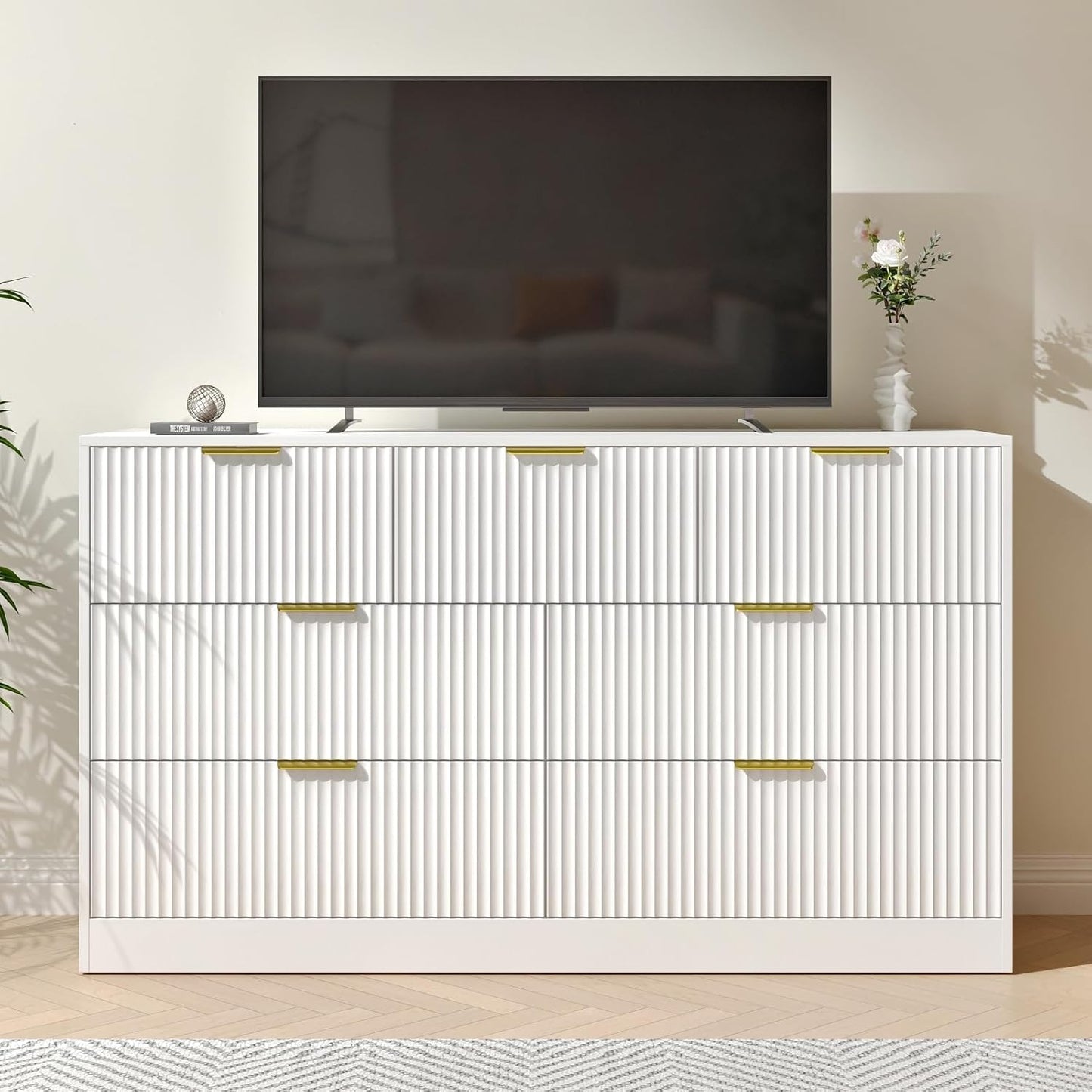 White 7 Drawer Dresser for Bedroom, 55” Wide Fluted Dresser with Gold Handles, Modern Chest of Drawer for Bedroom, Closet, Living Room, Entryway, Hallway, White