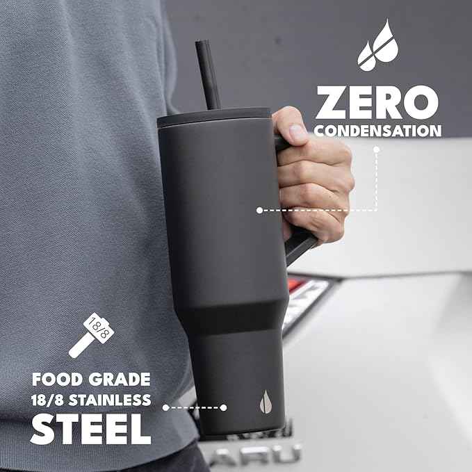 Elemental 40 oz Tumbler with Handle and Straw - Spill Proof Insulated Stainless Steel Commuter for Cold Beverages - Travel Coffee Mug with 2 Straws & Spill Proof Lid - 40oz - Black