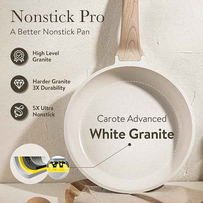 CAROTE 21Pcs Pots and Pans Set, Nonstick Cookware Sets, White Granite Induction Cookware Non Stick Cooking Set w/Frying Pans & Saucepans(PFOS, PFOA Free) Mothers Day