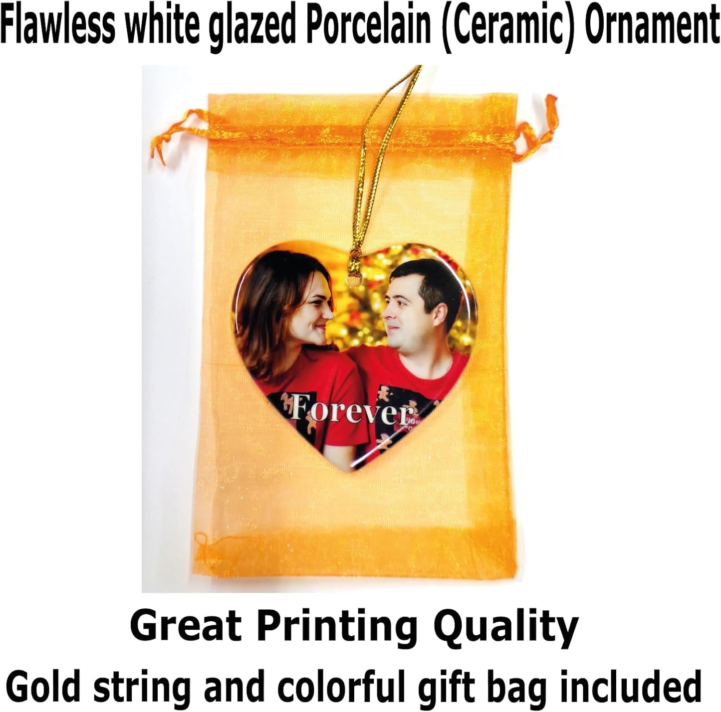 Personalized Ornament, Add Photo Text or Art Design and Make Your own Customized Porcelain Ceramic Ornament, Gold String and Gift Bag Included (Heart)