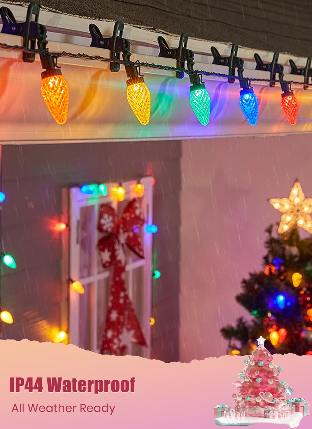 C9 LED Christmas Lights Outdoor, 68 Feet 100 LED Strawberry String Lights with 100 Spring Clamps, Waterproof Commercial Grade Extendable for Outside Roofline Patio Home Xmas Decoration, Multicolor