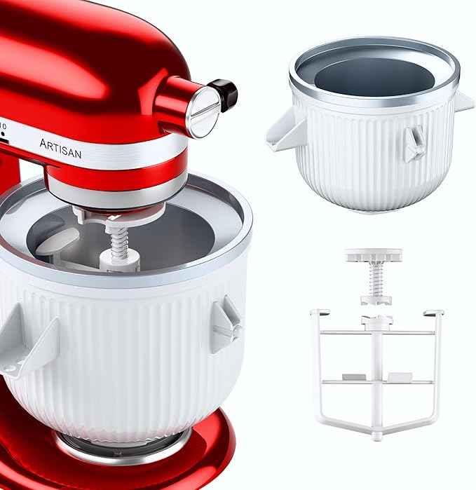 Ice Cream Maker Attachment for KitchenAid Stand Mixer, Ice Cream Bowl Compatible with 4.5Qt and Larger Stand Mixers, Ice Cream & Sorbet Gelato Maker Attachment, 2 Quart, White