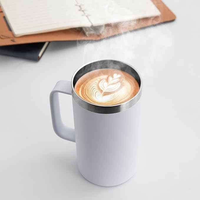 DOMICARE 24oz Mug with Handle and Lid, Stainless Steel Coffee Mug, Travel Mug with Handle, Double Wall Vacuum Coffee Tumbler, Reusable Insulated Cup, White, Pack 4