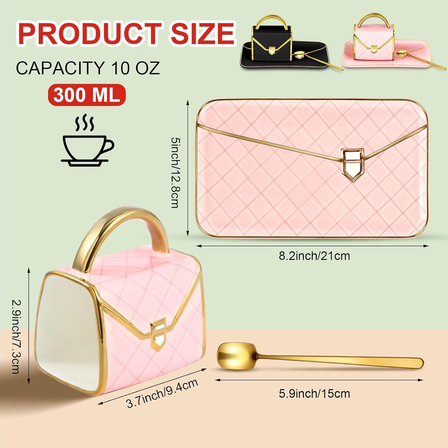 Zubebe 2 Sets Coffee Mug Elegant Handbag Shaped Cup Modern Ceramic Purse Mug with Spoon and Saucer, 10oz Cute Creative Tea Cup for Office Home Woman Girls Gift (Pink,Black)